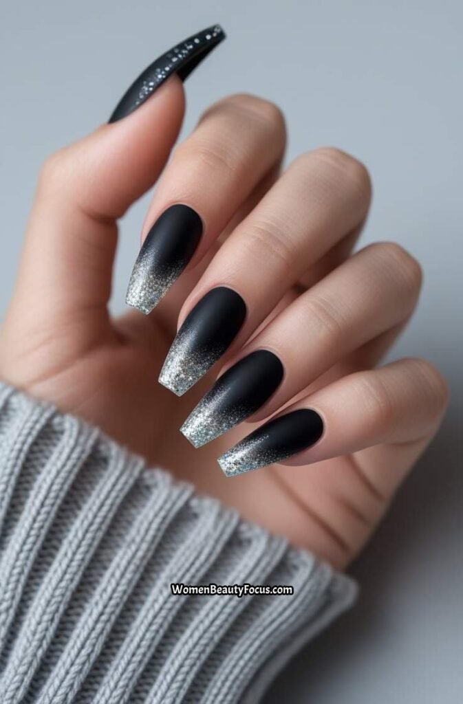 15. Black French Tips with Matte Glitter Fade