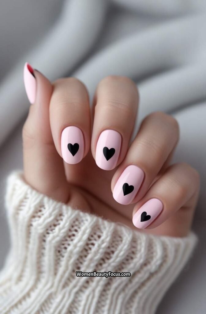 15. Black Heart Accent on Pink Nails