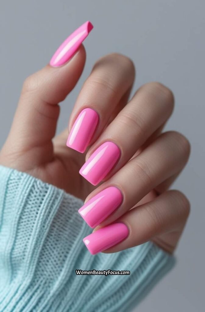 15. Bubblegum Pink Square Nails with Glossy Topcoat