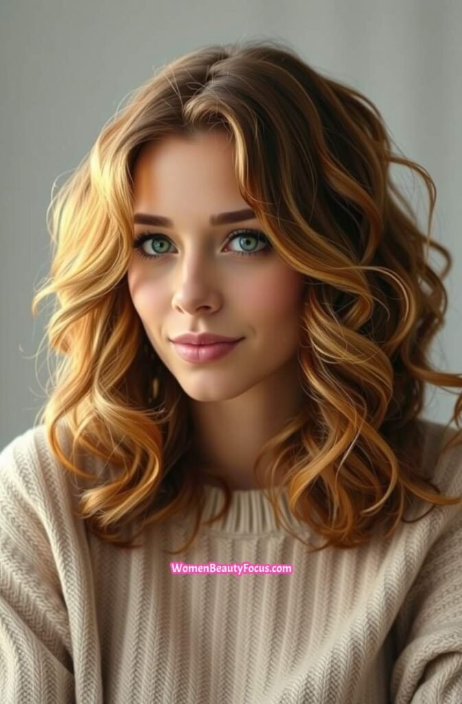 15. Caramel Brown with Loose Beachy Curls FrontStraight View