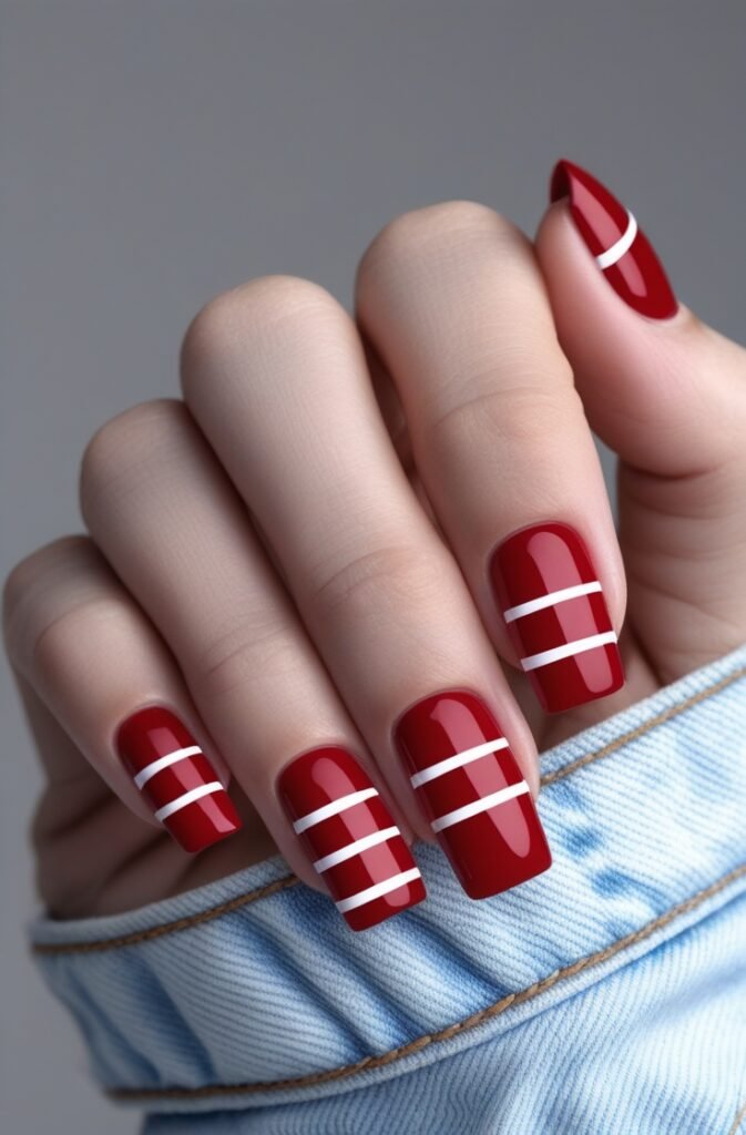 15. Cherry Nails with White Stripes