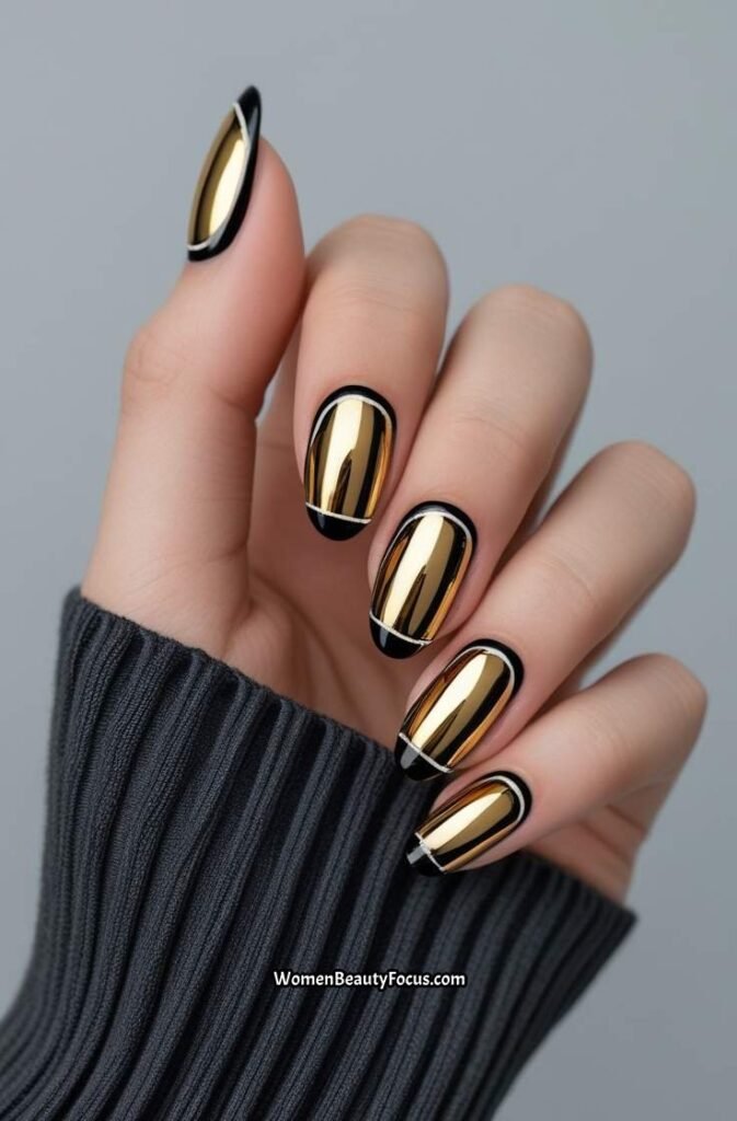 15. Chrome Gold Nails with Black Outline