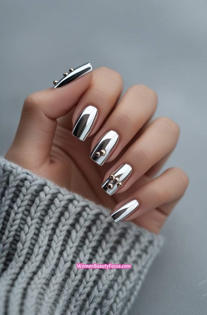 15. Chrome Nails with 3D Metallic Accents