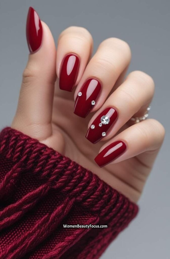 15. Classic Red Nails with Crystal Details