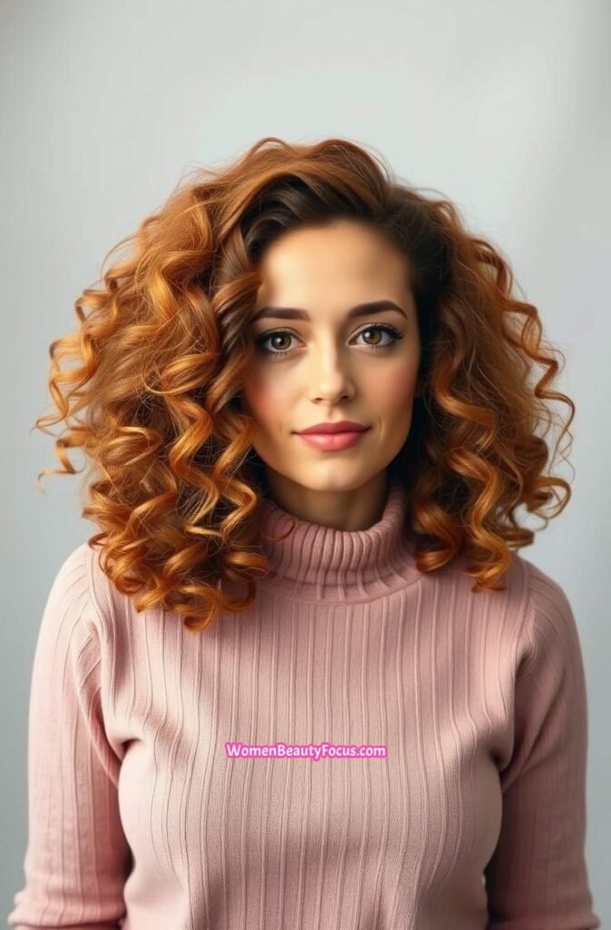 15. Copper Hair with Voluminous Curls and Side Part Front View