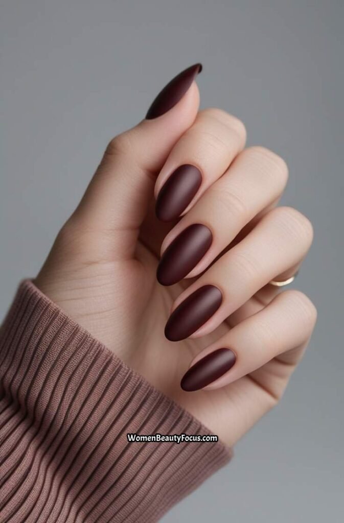 15. Deep Cherry Brown Nails with Matte Topcoat