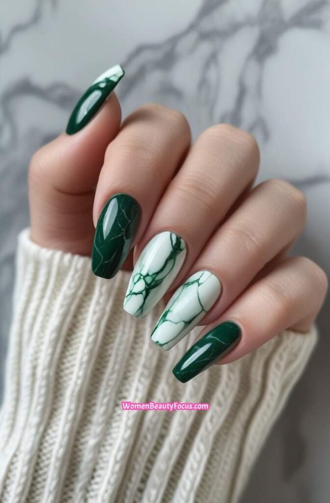 15. Green Marble Nails with White Veins
