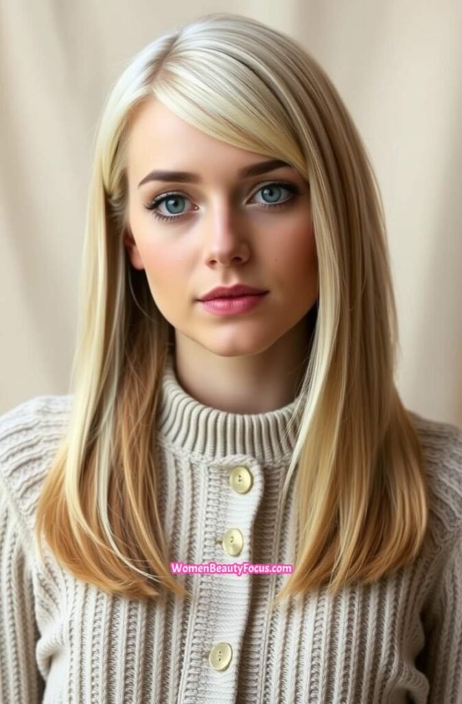 15. Icy Champagne Blonde with Textured Ends FrontStraight View