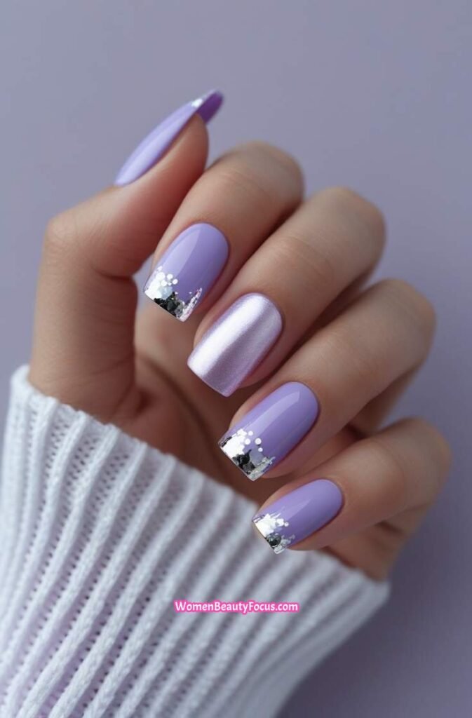 15. Lavender Square Nails with Silver Foil