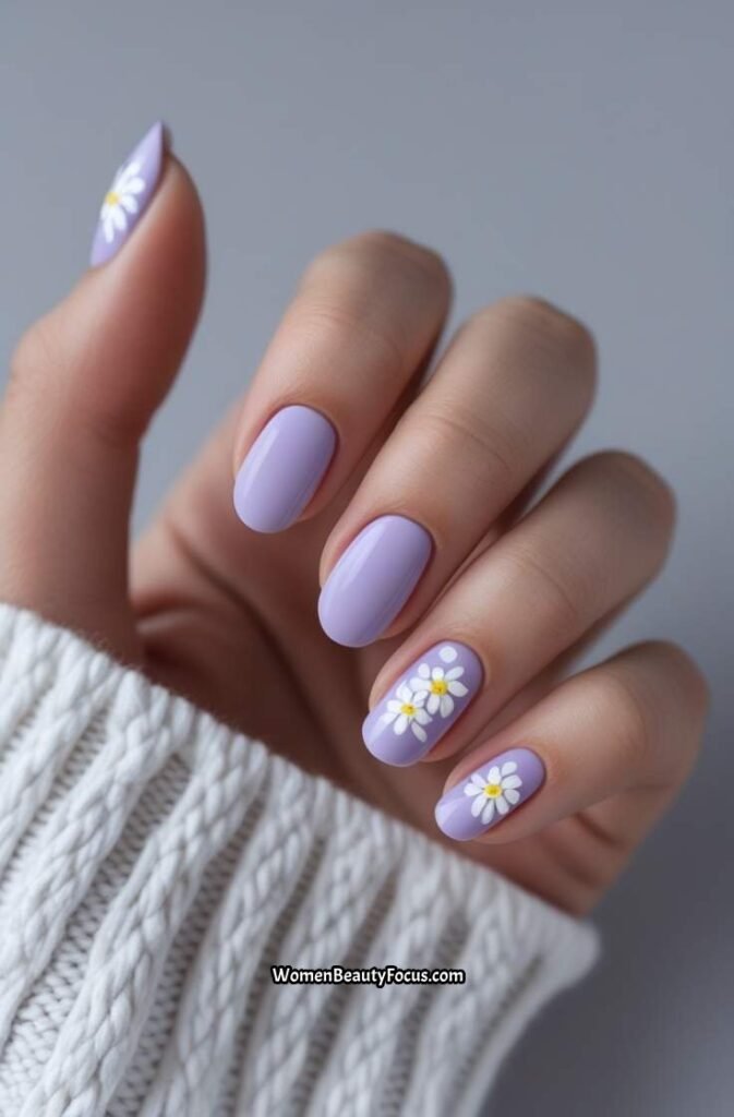 15. Lilac Floral Accent Nails