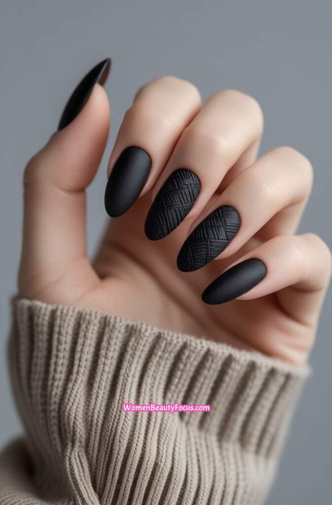 15. Matte Black Nails with Cross Hatch Texture
