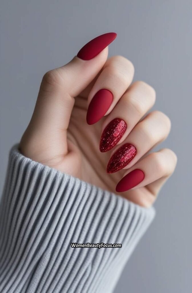 15. Matte Cherry Nails with Glitter Accent
