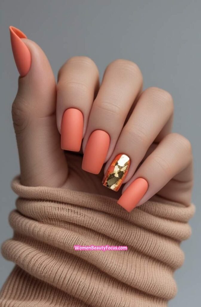 15. Matte Coral Nails with Gold Foil