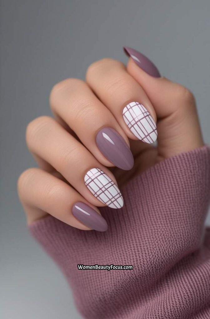 15. Mauve Plaid Nails with Minimalist Stripes