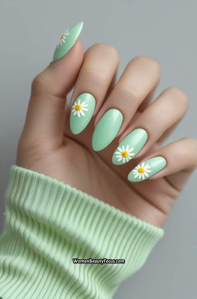 15. Mint Green Nails with White Daisies