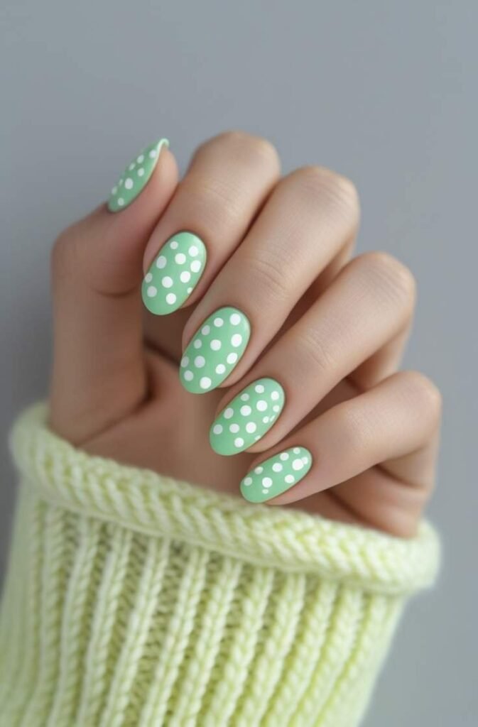 15. Mint Green Nails with White Polka Dots 1