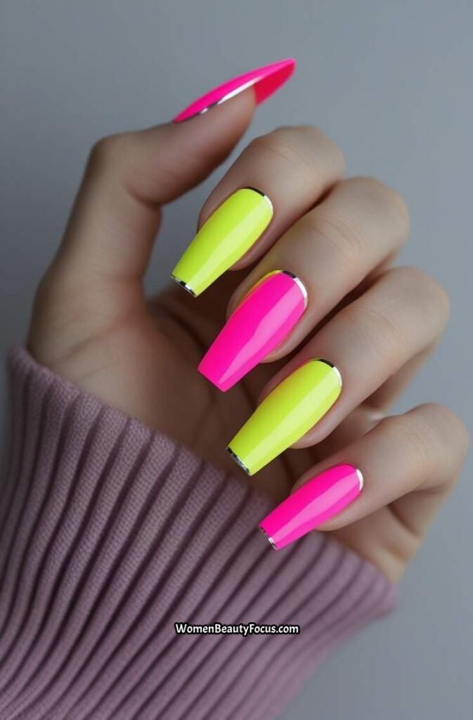 15. Neon Pink and Yellow Diagonal Tips