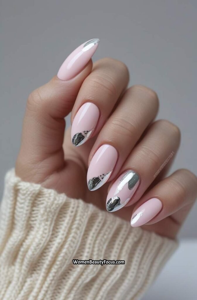 15. Pale Pink Almond Nails with Silver Foil