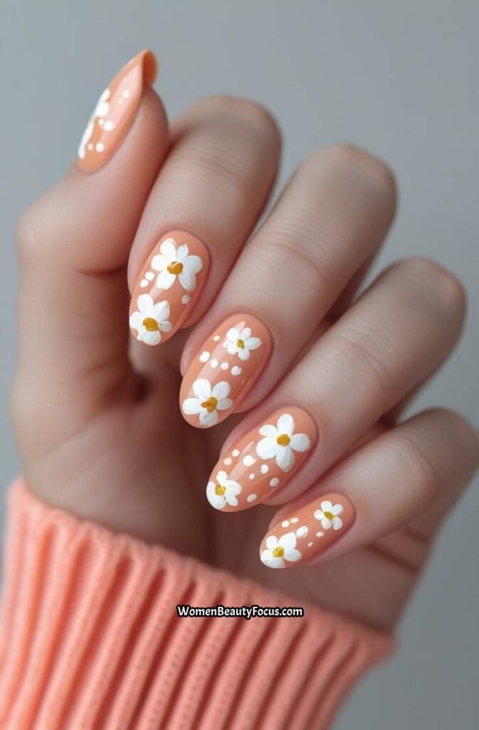 15. Peachy Floral Nails