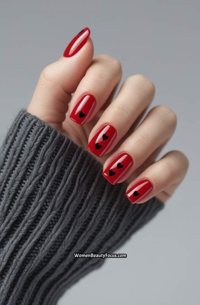 15. Red Glass Nails with Tiny Black Hearts