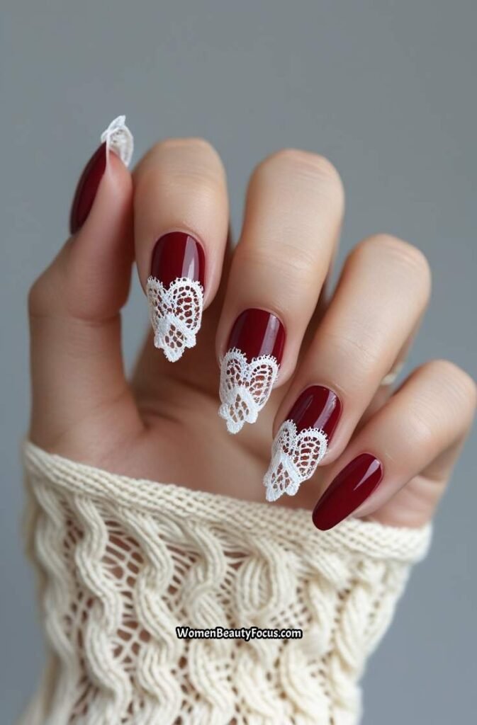 15. Red Nails with White Lace Detail