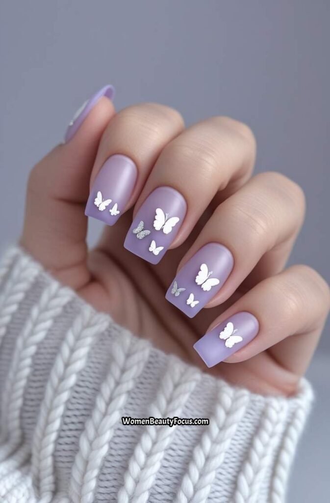 15. Sheer Lilac Nails with Mini Butterfly Stickers