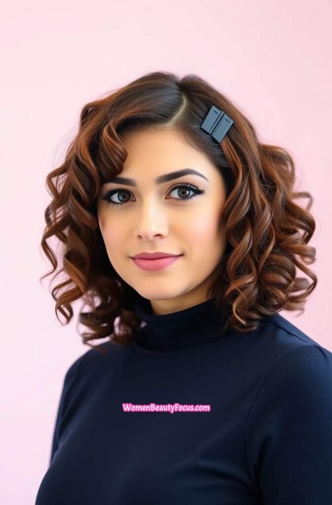 15. Shoulder Length Curly Hair with Hair Clip Front View