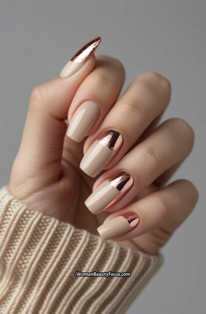15. Soft Beige Nails with Rose Gold Foil Accents