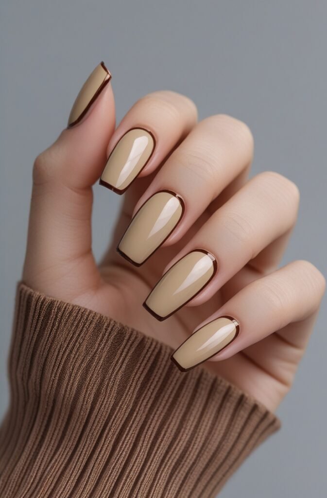 15. Soft Latte Nails with Subtle Outline