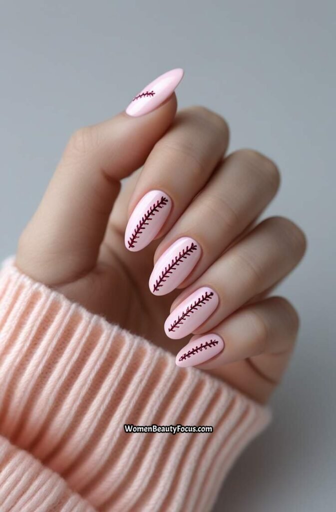 15. Soft Pink Baseball Nail Art