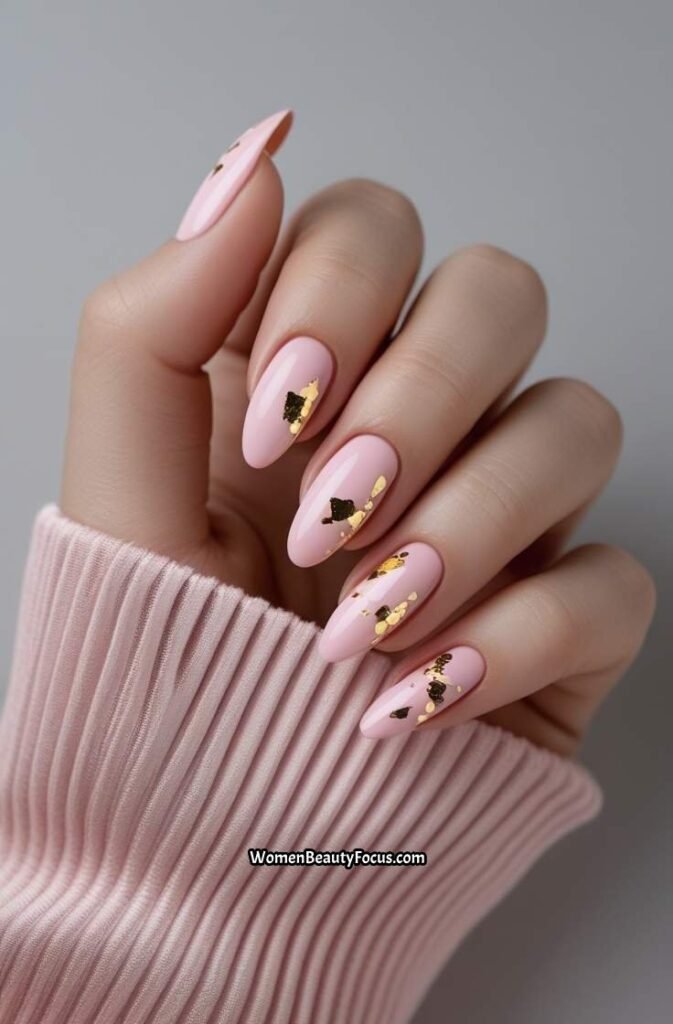 15. Soft Pink Gel Nails with Gold Foil Accents