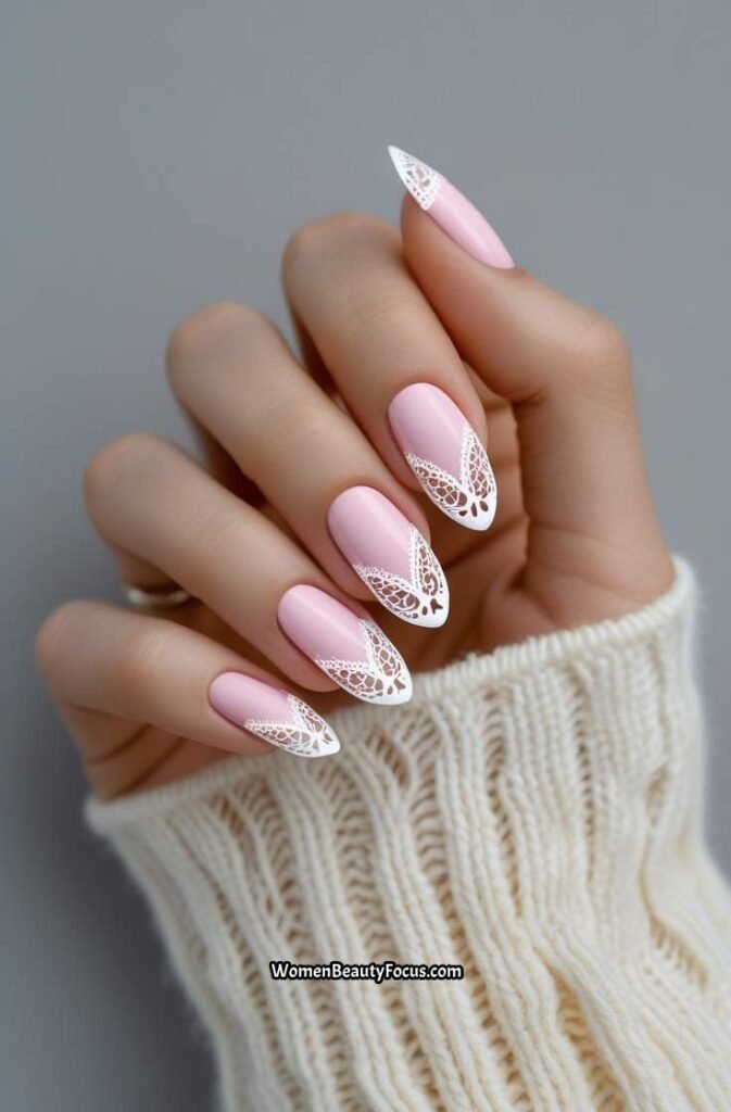 15. Soft Pink with White Lace Nails