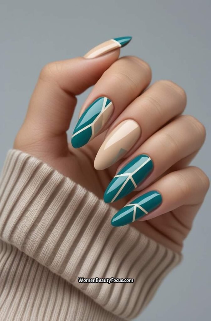 15. Teal and Geometric Nails