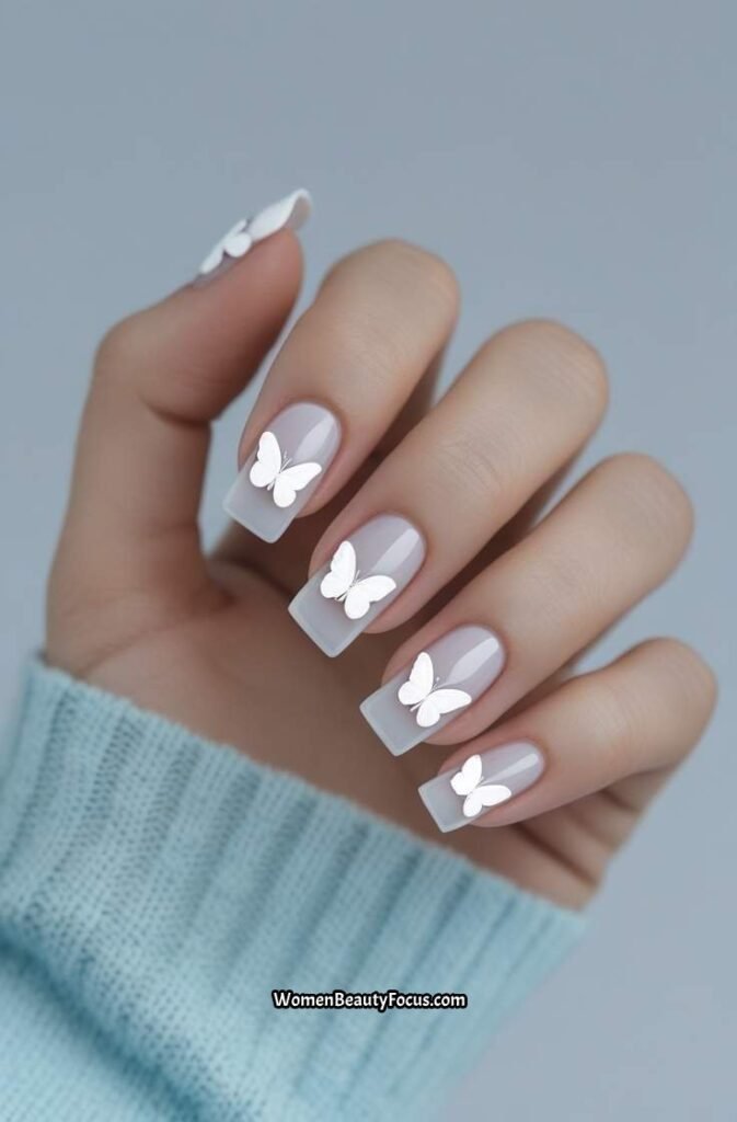15. White Butterfly Accent Nails