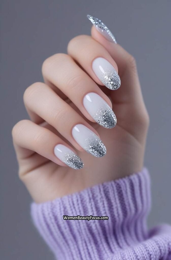 15. White Glitter Gradient on Round Nails