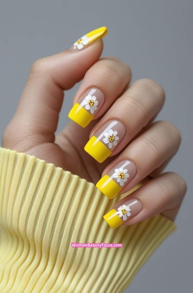 15. Yellow Nail Tips with Floral Accents