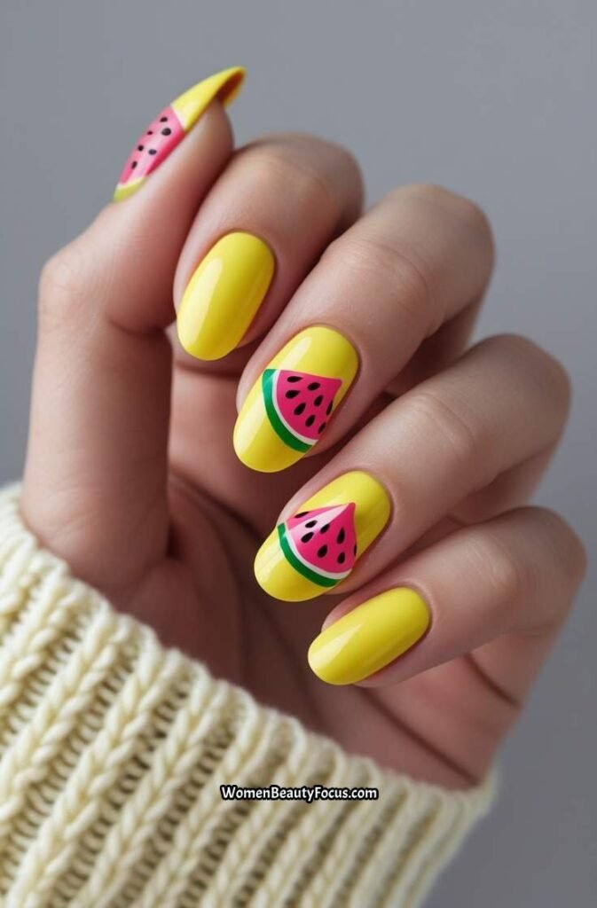 15. Yellow Nails with Watermelon Inspired Accent