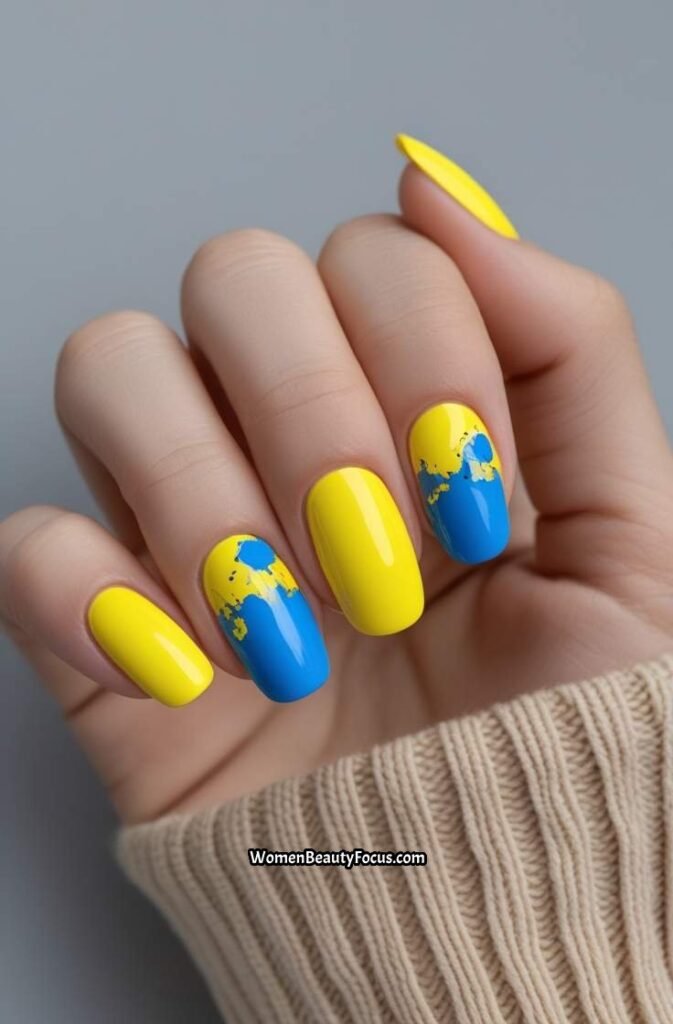 15. Yellow and Blue Abstract Nails