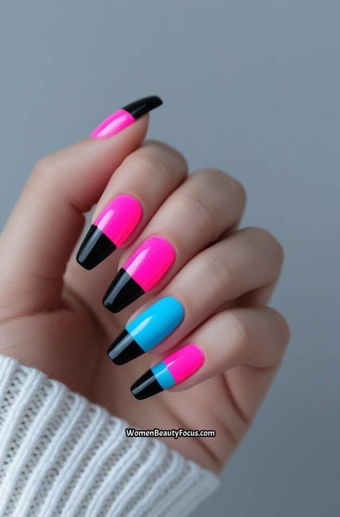 16. Black French Tips with Neon Accents