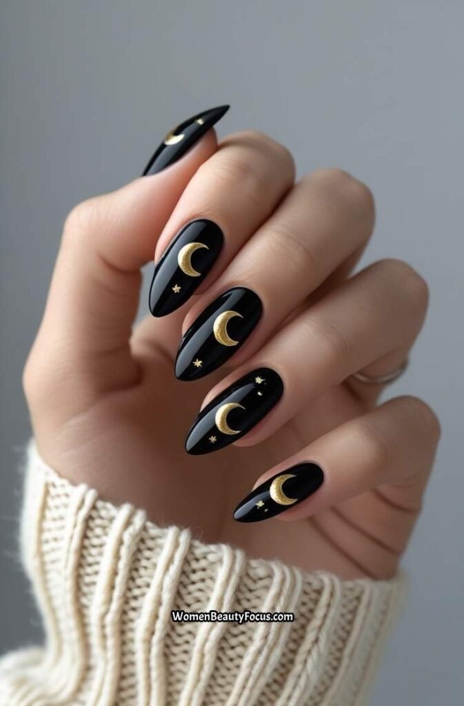 16. Black Nails with Gold Crescent Moons