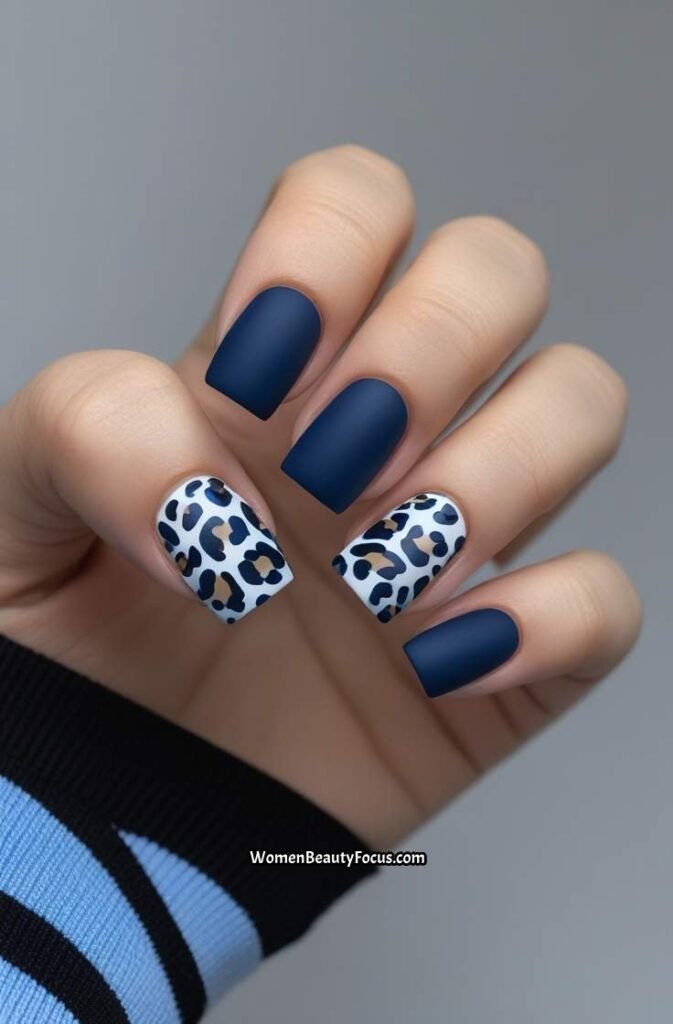 16. Blue Leopard Print Accent Nails