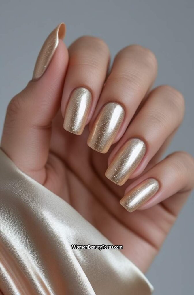 16. Champagne Shimmer Nails with Rounded Tips