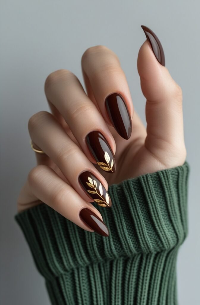 16. Cherry Brown Nails with Leaf Art Accents