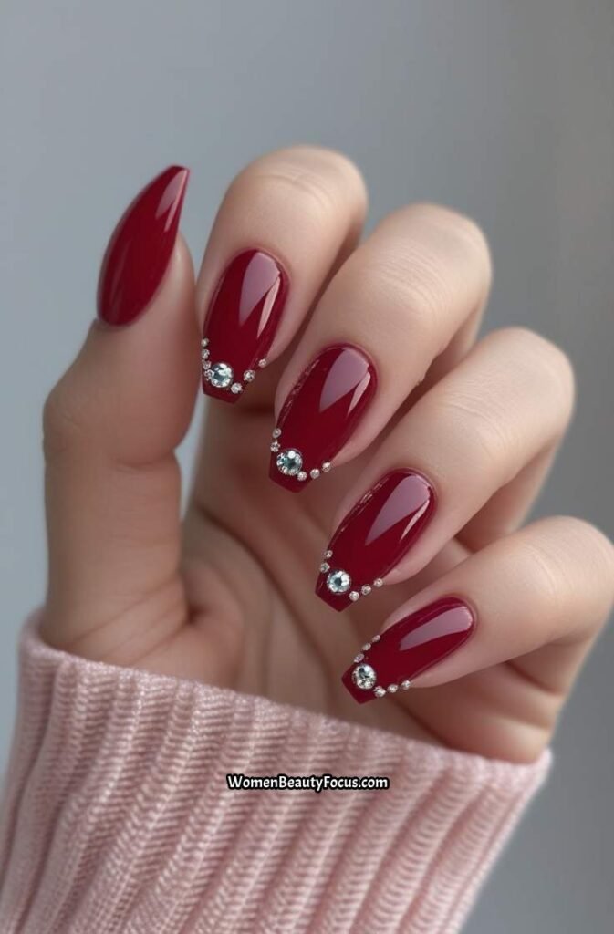 16. Cherry Red Nails with Tiny Rhinestones