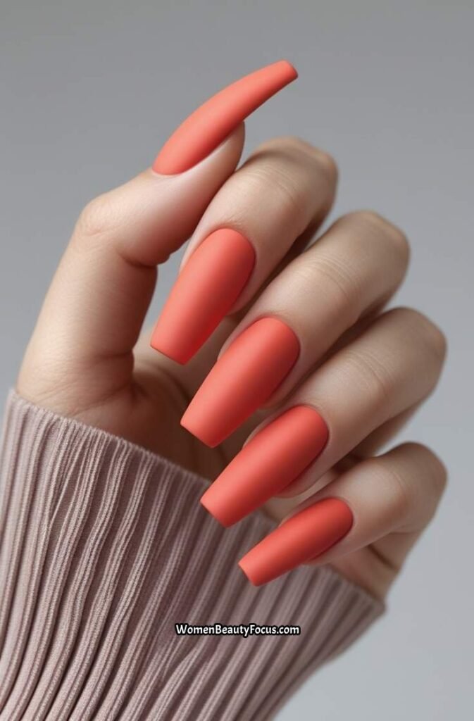 16. Coral Coffin Nails with Matte Finish