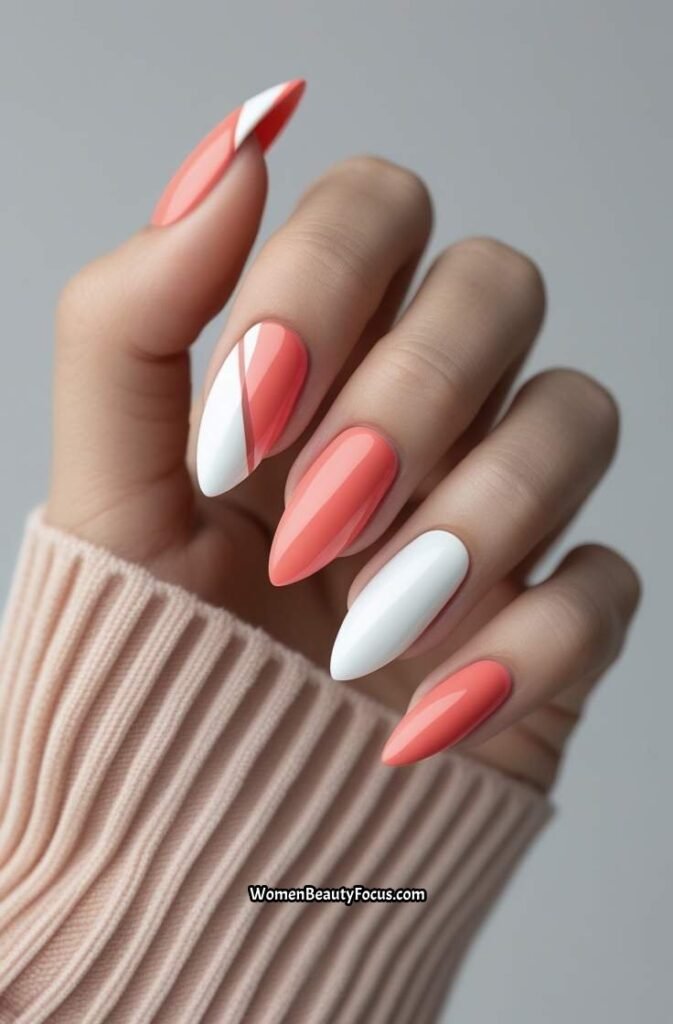16. Coral and White Diagonal Tips