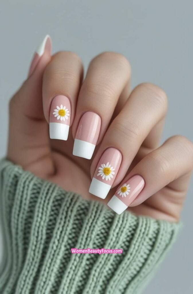 16. French Tips with Floral Nail Art Accents