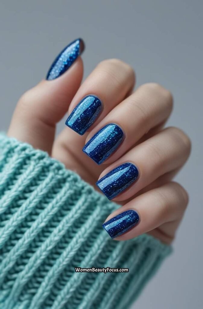 16. Glittery Blue Nails for a Cool Glam Look