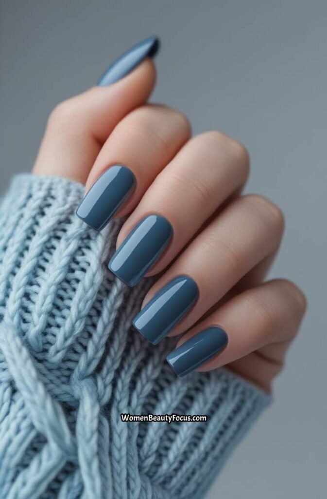 16. Glossy Slate Blue Nails with Square Shape