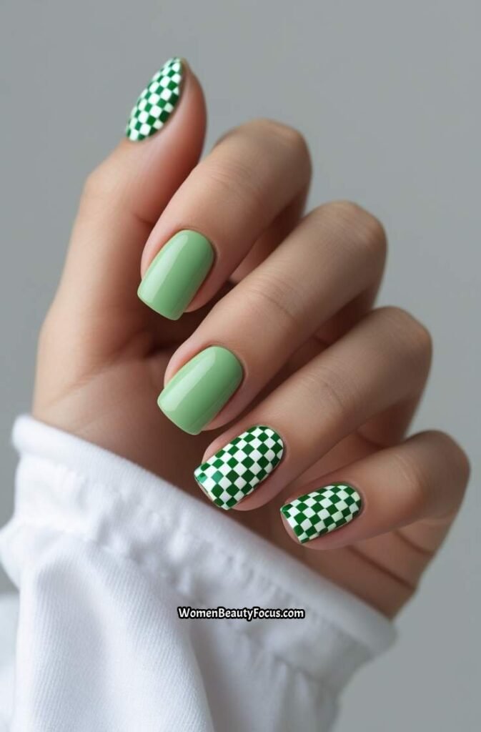 16. Green Checkerboard Accent Nails